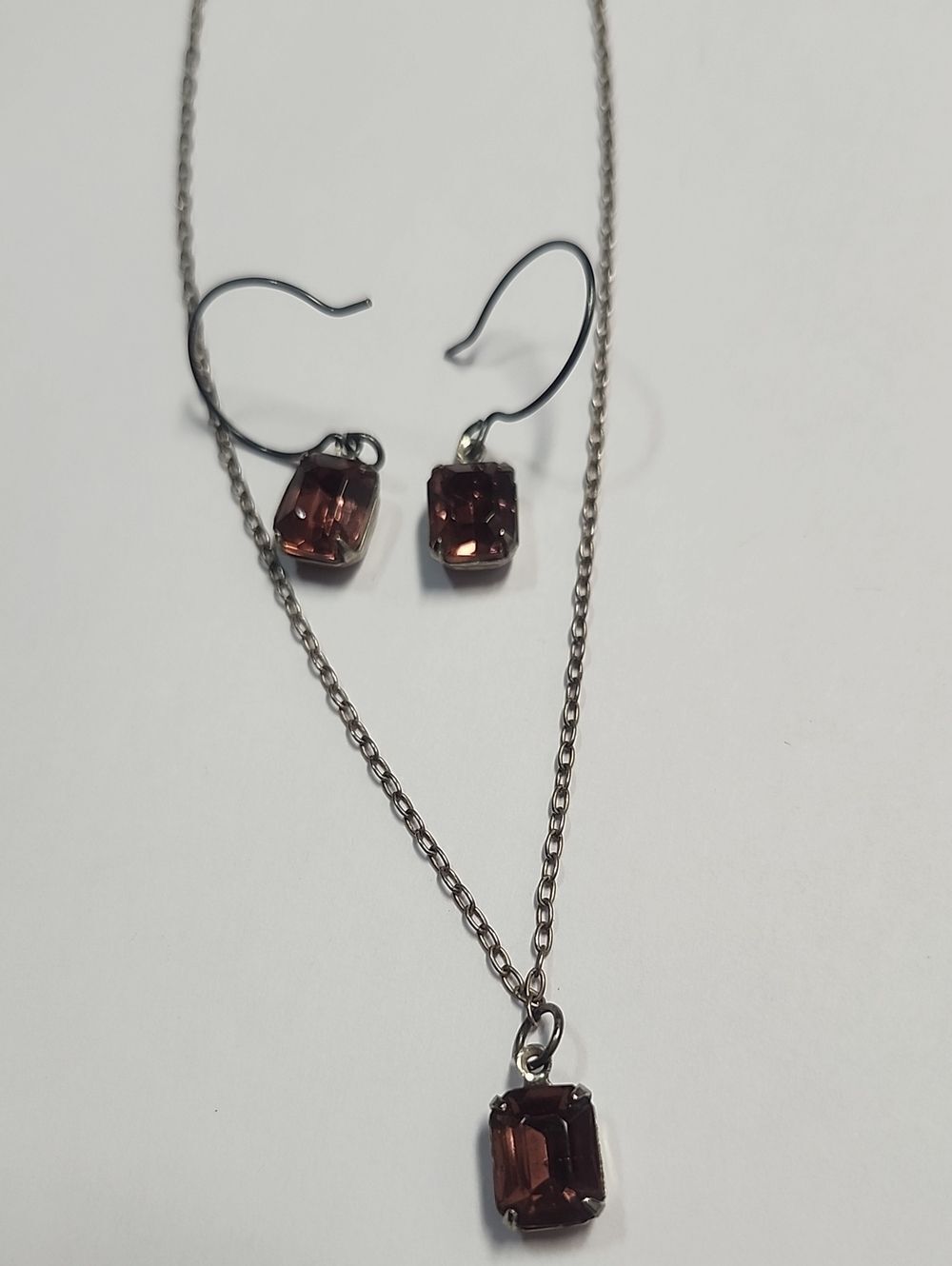 Sterling Silver Necklace & Earrings Set with Purple Rectangular Stones Vintage